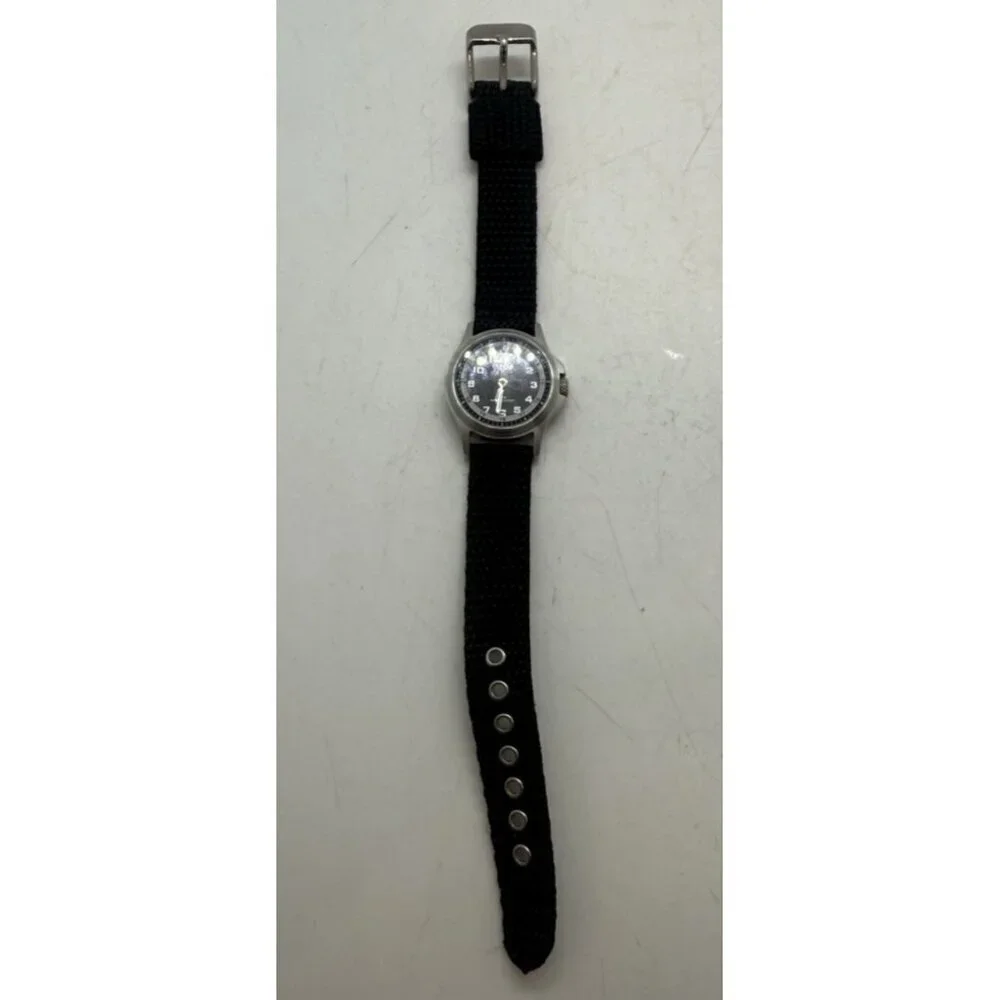 Dakota Round Stainless Steel Watch Canvas Black Band Mineral Glass Crystal 3 ATM